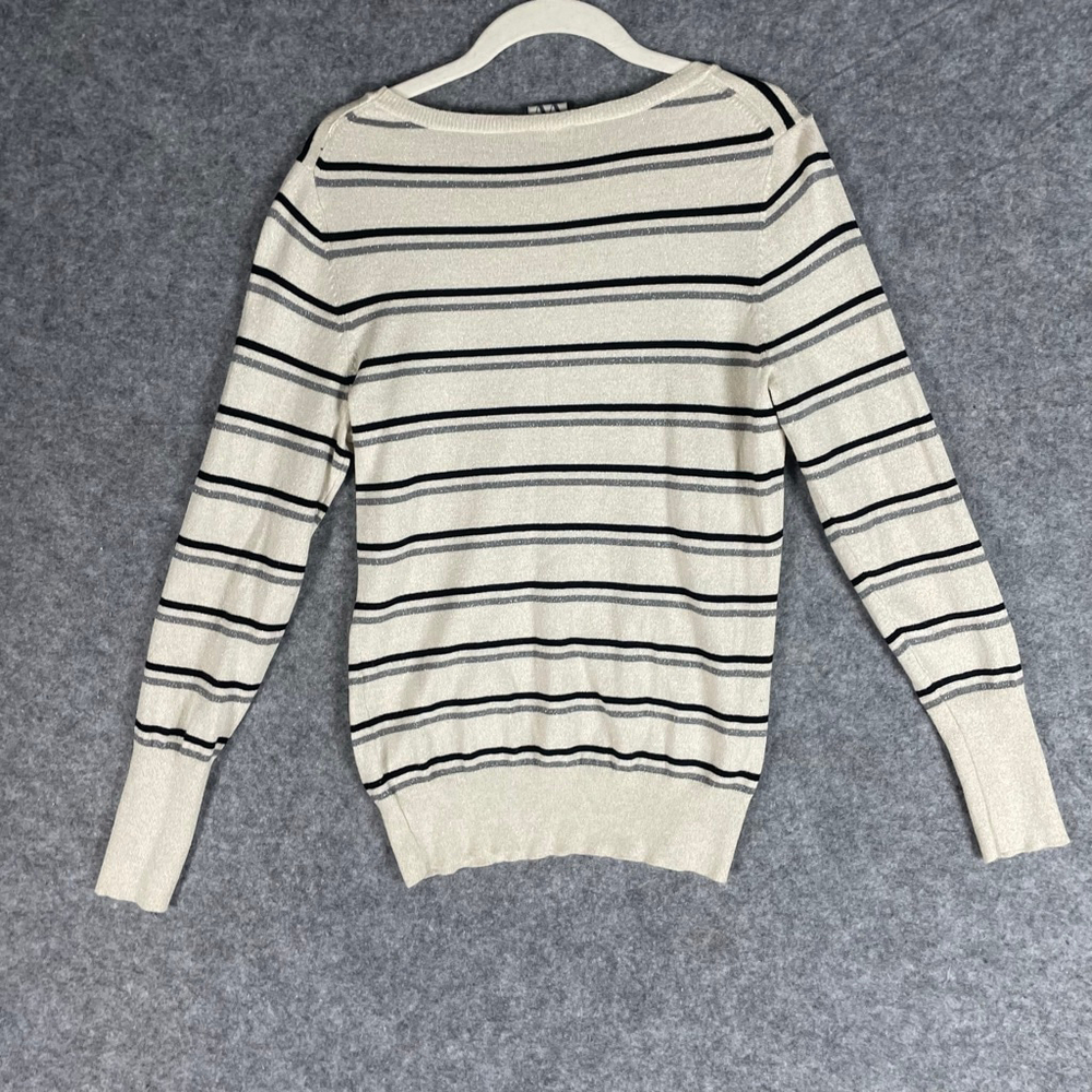 Worthington Womens M Medium Striped Metallic Sweater Sparkle Shimmer Ivory - Picture 5 of 6
